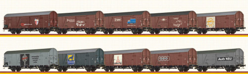 BRAWA 50824 - H0 - 10-tlg. Set gedeckte Güterwagen Fahrzeugmarken, Ep. III-IV - DC